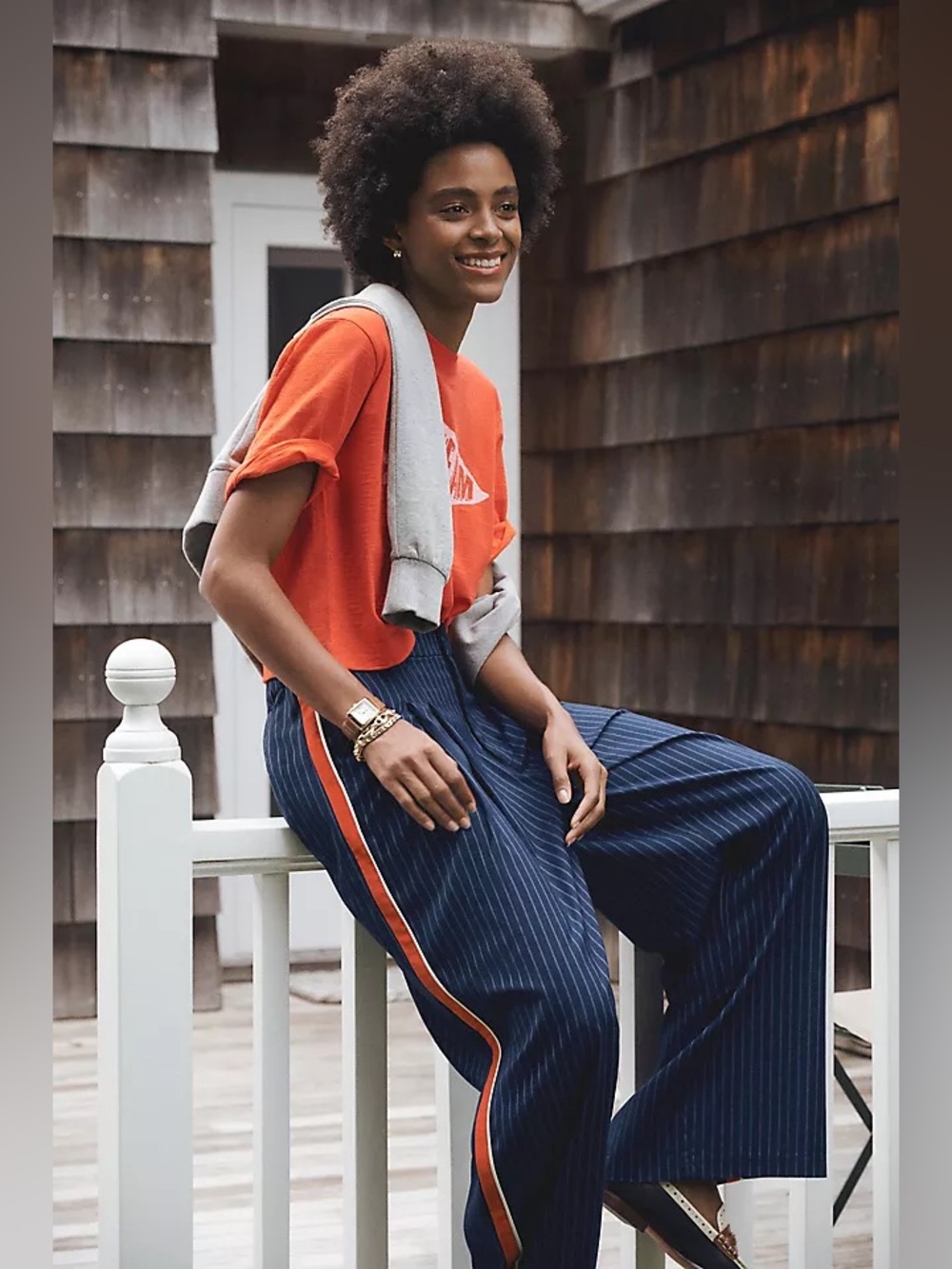Maeve Avery Pleated Wide Leg Pinstripe Pants Navy and Red Anthropologie
